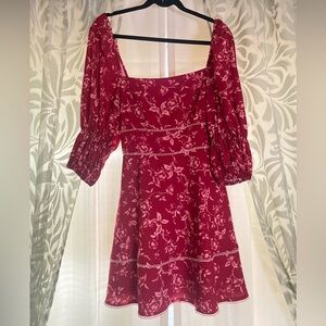 KEEPSAKE Lovesick Tiered Puff Sleeve Floral Print Embroidered Trim Dress